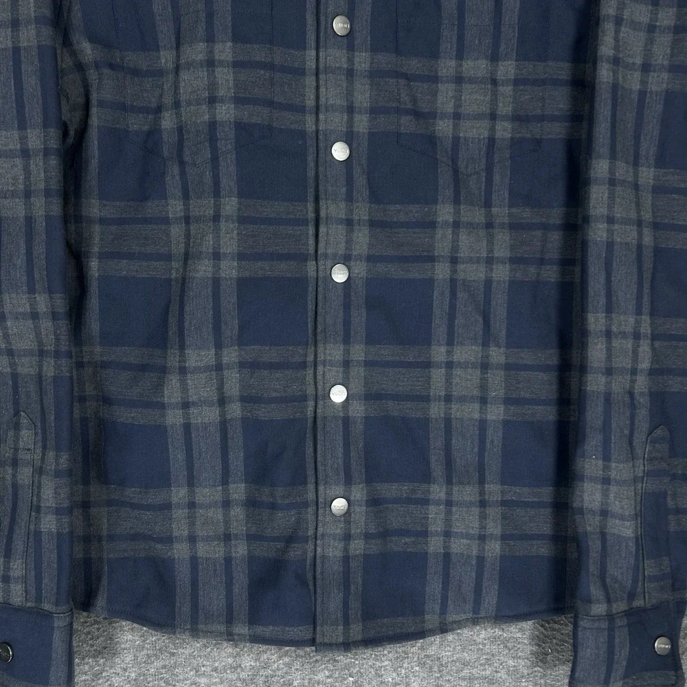 Vuori Range Shirt Jacket Mens L Blue Gray Plaid Flannel Fleece Lined Snap button